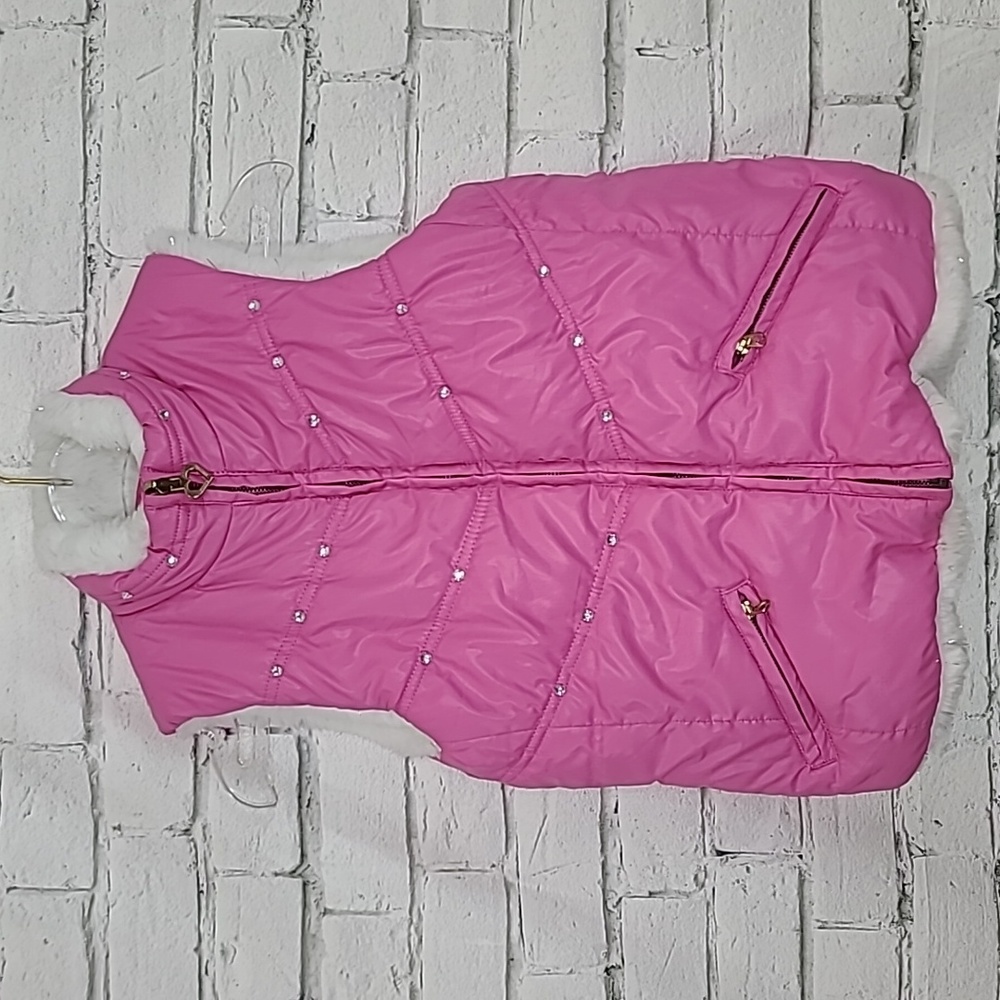 Children's Place Girl's Reversible Quilted Puffer/Soft Faux Fur Vest Pink/White
